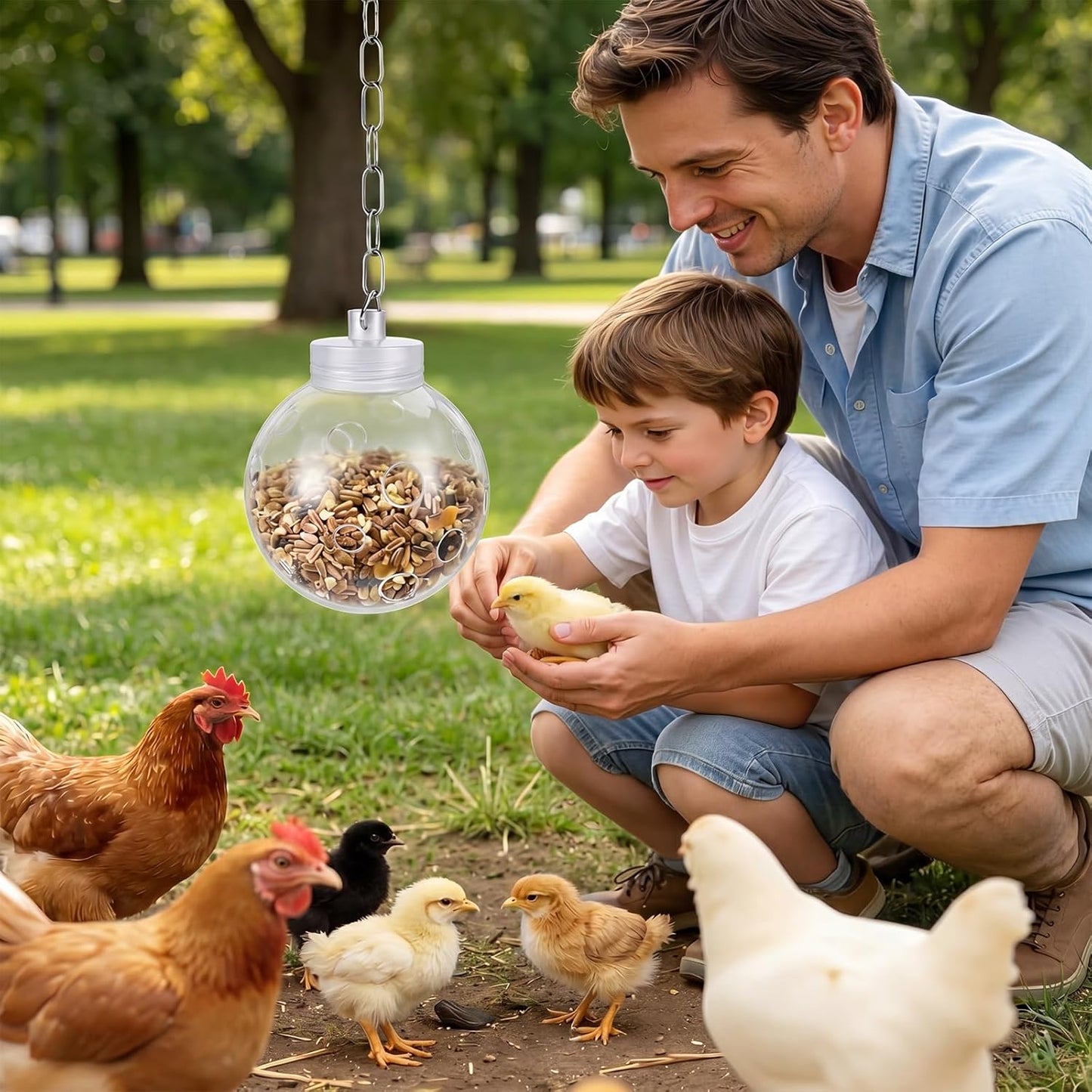 2 Pcs Chicken Treat Dispenser Interactive Slow Feeder Hanging Chicken Treat Ball with Chain Pecking Toys for Hens, Poultry Coop Accessories