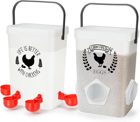 TGEYD Backyard Chicken Feeder & Waterer Set – No-Waste Feeding Station for Coop & Run, Gravity Water Cups, Feed Storage Container (3 Gal/15 LB)