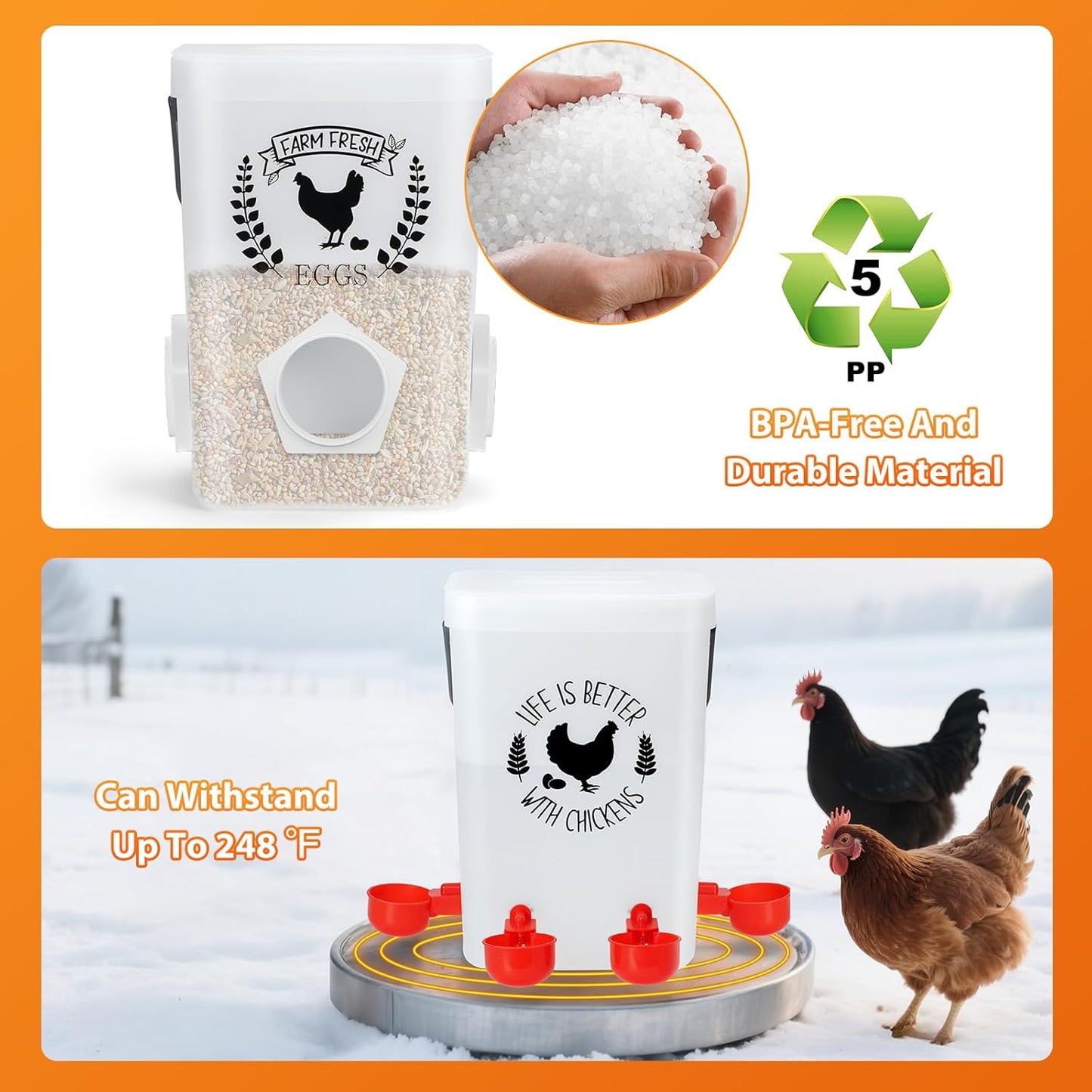 TGEYD Backyard Chicken Feeder & Waterer Set – No-Waste Feeding Station for Coop & Run, Gravity Water Cups, Feed Storage Container (3 Gal/15 LB)