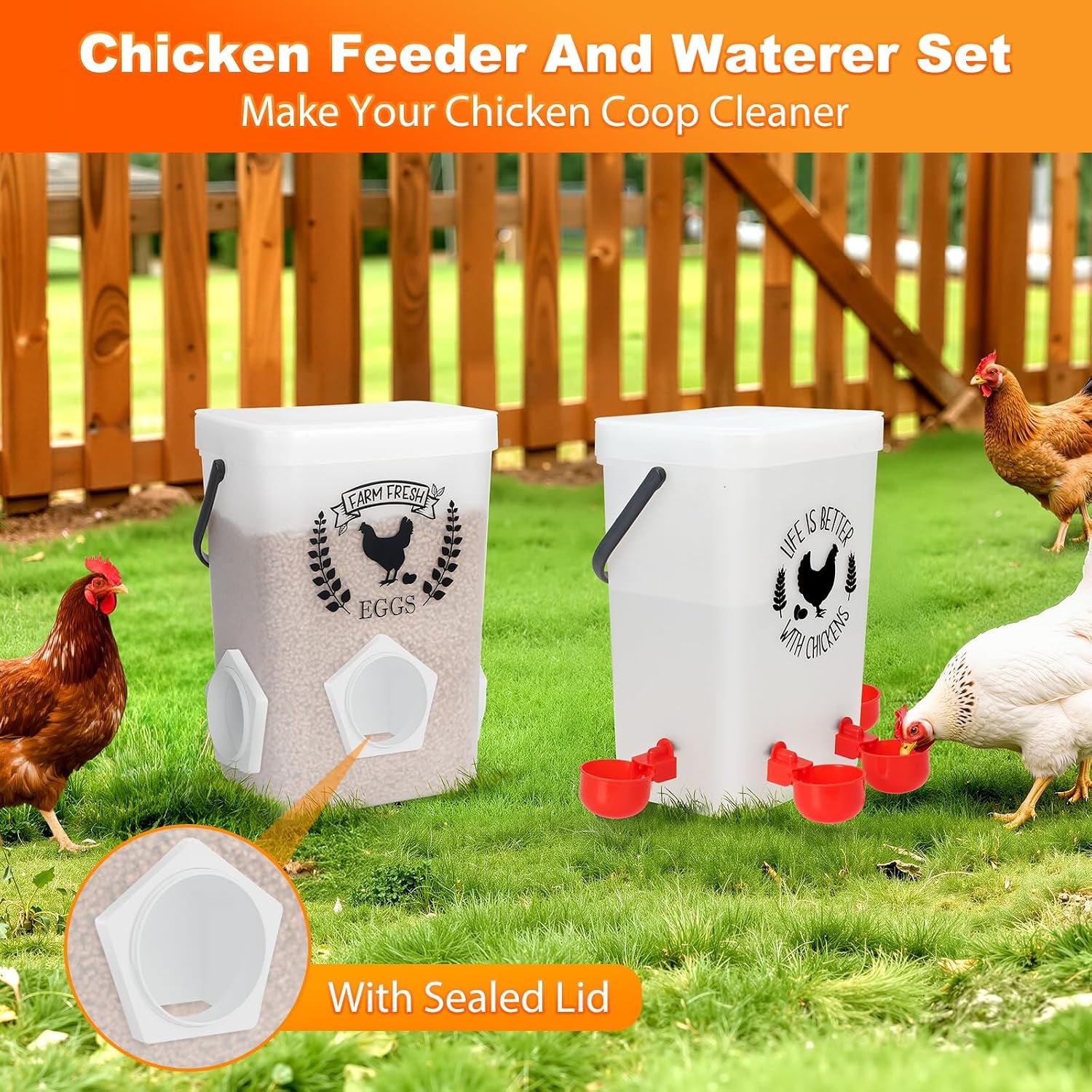 TGEYD Backyard Chicken Feeder & Waterer Set – No-Waste Feeding Station for Coop & Run, Gravity Water Cups, Feed Storage Container (3 Gal/15 LB)